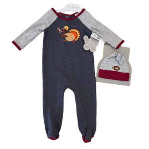 NWT Baby Essentials Navy & Grey Thanksgiving Football Bodysuit & Cap - 3M